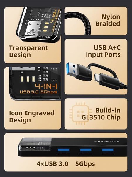 Концентратор Cabletime USB C/A - 4 Port USB 3.0, 5Gbps, 0.15 m (CB05B) DC526547 фото