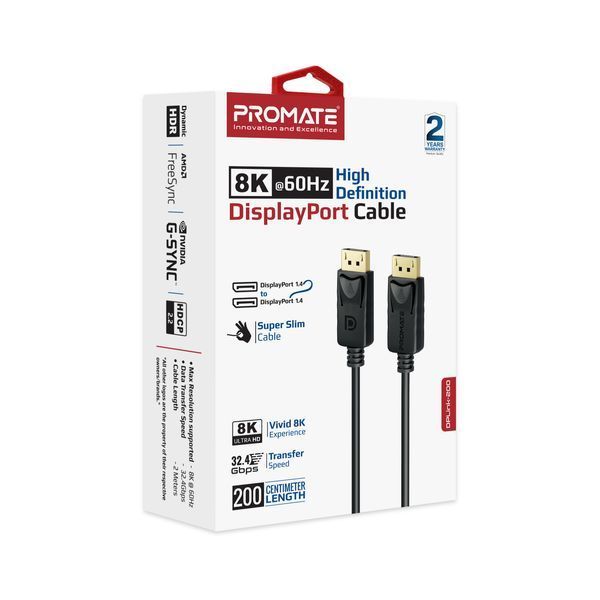 Кабель Promate DPLink-200 DisplayPort - DisplayPort V 1.4 (M/M), 2 м, Black DC541640 фото