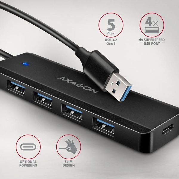 Хаб AXAGON HUE-C1A USB-A 5Гбит/с TRAVEL hub, 20см Type-A, Черный EL1438780 фото