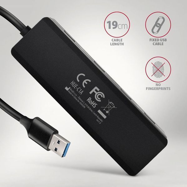 Хаб AXAGON HUE-C1A USB-A 5Гбит/с TRAVEL hub, 20см Type-A, Черный EL1438780 фото