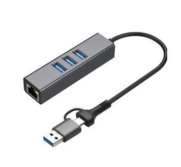 Адаптер Dynamode USB 3.0 Type-C/Type-A - RJ45 Gigabit Lan, 3*USB 3.0-порти, з каб.13 см, темно-сірий IT610 фото